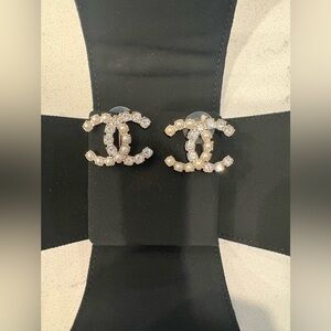 CHANEL Gold and Silver Crystal Pearl Earrings